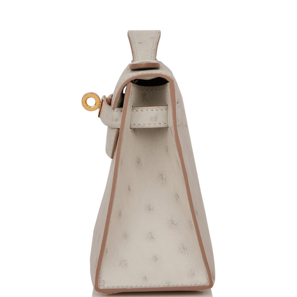Hermès Kelly Pochette Gris Perle Ostrich Gold Hardware