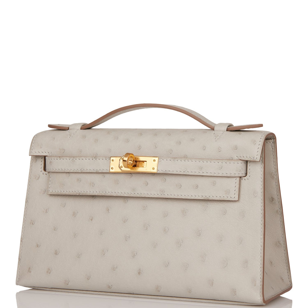 Hermès Kelly Pochette Gris Perle Ostrich Gold Hardware